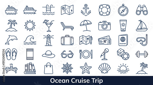 Collection of ocean cruise trip icons for travel and vacation planning