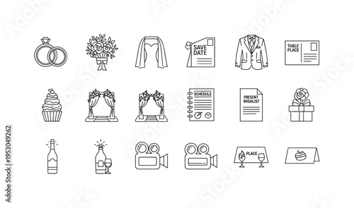 Engagement band duo, floral centerpiece arrangement, bride veil silhouette, formal suit jacket, save the date postcard, dessert