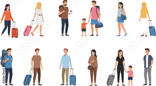 Flat vector illustration set of diverse people traveling with luggage, suitcases, and backpacks featuring families, solo travelers, and tourists for airport and vacation concepts.