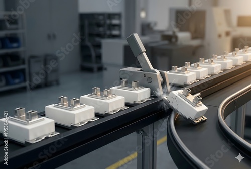 Mechanical arm rejecting cracked defective component off modern factory conveyor belt