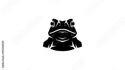 Bold monochrome frog silhouette on white background