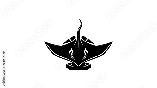 Bold black silhouette of a manta ray with tribal design elements