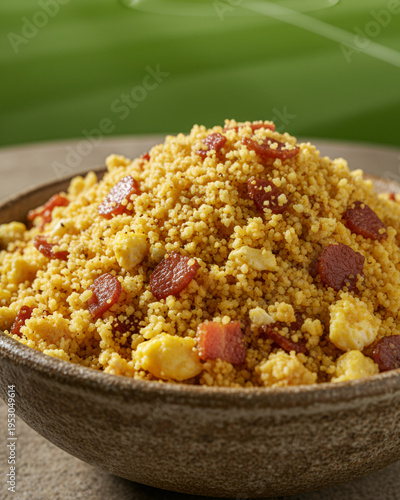 Brazilian farofa with bacon and eggs in ceramic bowl, soccer food concept