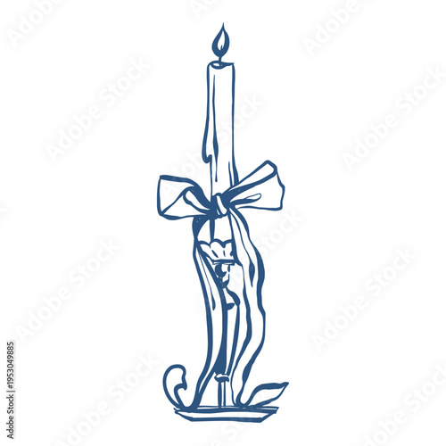 Candle with bow in sketch style. Vector outline illustration in blue color. Coquette core aesthetic. Vintage vector outline illustration