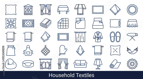 Collection of household textile icons representing comfort and home decor elements