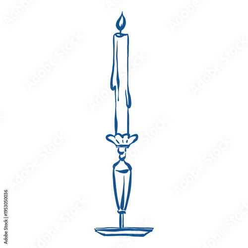 Candle in sketch style. Vector outline illustration in blue color. Coquette core aesthetic. Vintage vector outline illustration