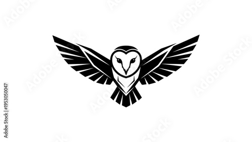 Majestic owl silhouette with spread wings on white background