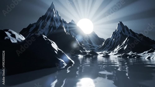 Majestic Mountain Range Reflecting in Tranquil Waters Under a Radiant Sun.