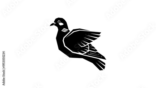 Silhouette of a geometric bird in mid-flight on white background