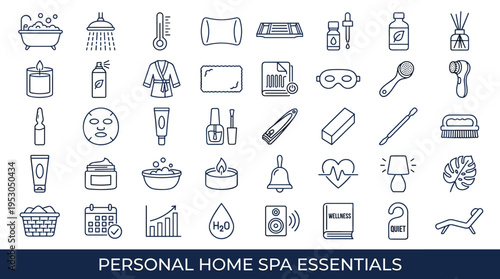 Collection of personal home spa and wellness essentials icons for relaxation and self-care
