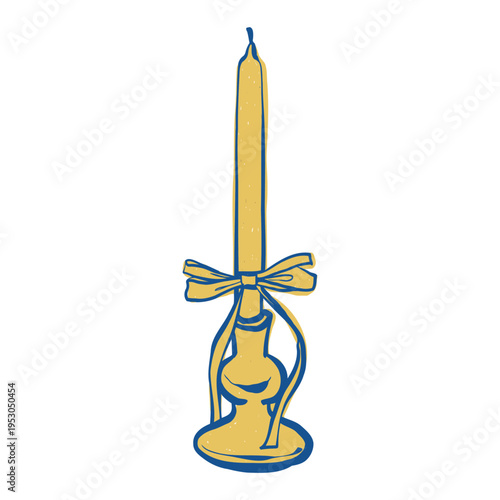 A candle with a bow in a sketch style. Vector flat illustration in blue and yellow. A coquettish aesthetic. Vintage vector outline illustration.