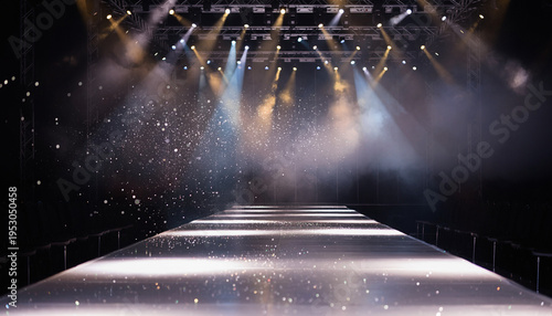 An empty fashion runway illuminated by bright spotlights and shimmering particles. The dark background is enhanced by dramatic lighting and stage effects, creating a glamorous show atmosphere.