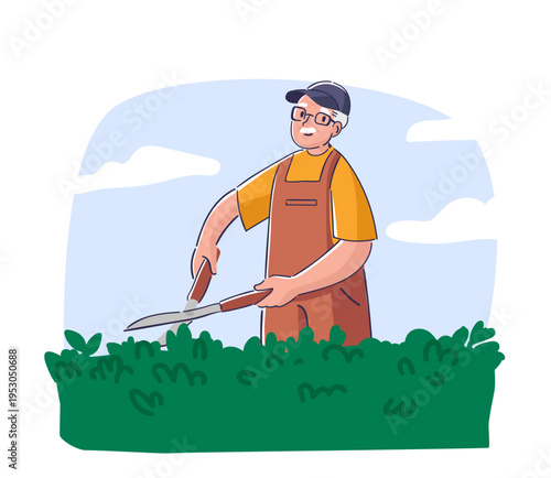 Gardener Trimming Hedge Cartoon Style
