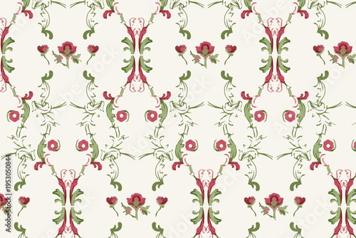 Garden Trellis Floral Spring Evergreen Seamless Pattern Vintage-inspired spring garden floral patterns  for Easter, Mother’s Day, fabric, wallpaper, gift wrap, and branding designs.