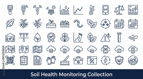 Collection of soil health monitoring icons for agriculture and environmental science