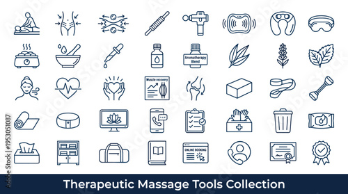 Collection of therapeutic massage and wellness tools icons for health and relaxation