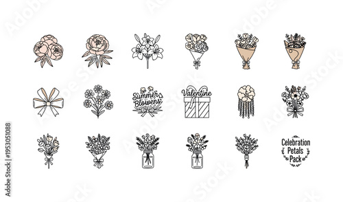 Peony bloom cluster, lily stem collection, engagement floral bunch, kraft paper wrap arrangement, bow tied flowers, summer meadow