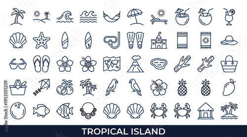 Collection of tropical island and beach vacation icons for summer holidays