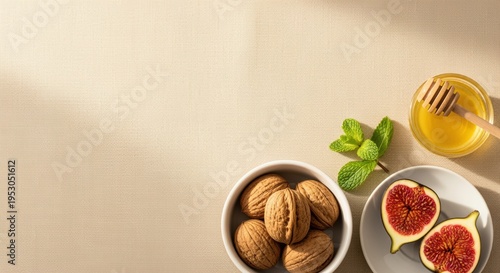 Wallpaper Mural figs and walnuts with honey on beige tablecloth creating natural and delicious snack Torontodigital.ca