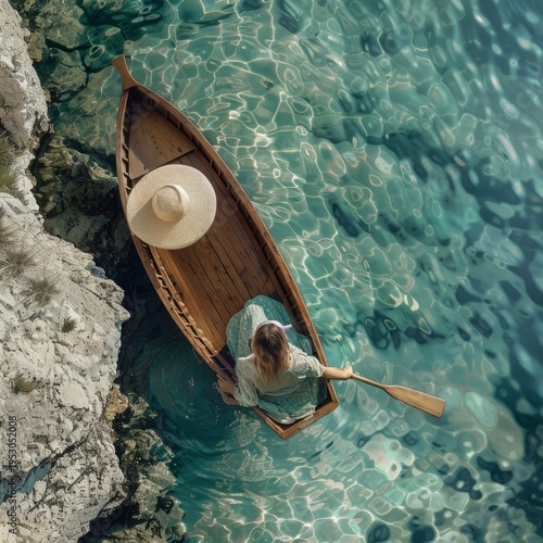 top-down view, woman lying calmly in boat, clear water, mountain scenery, realistic photo