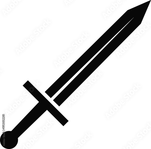 Black silhouette of medieval broadsword with fuller, cross guard and round pommel, isolated classic knight weapon vector illustration