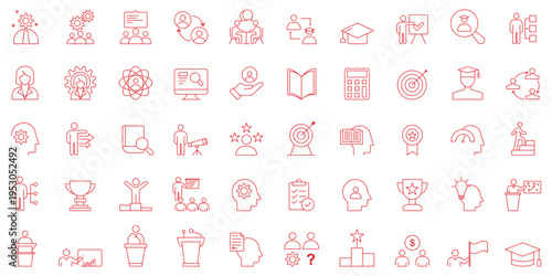 Training and Coaching line icon set. Set of 50 outline icons. Training and Education line icon set. Contains symbols for e-learning, coaching, online courses, and skill development. EPS 10. 