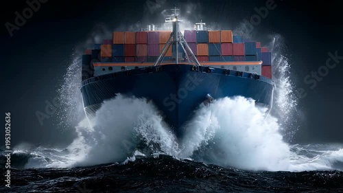 A massive container ship crashes through dark ocean waves in a storm.