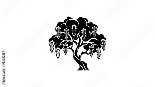 Stylized black tree silhouette with hanging flowers