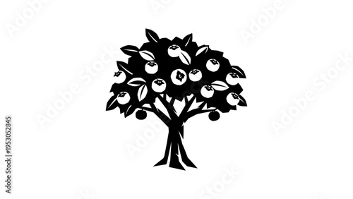 Silhouette apple tree with fruit branches on white background