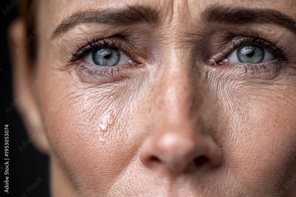 Naklejka premium Close up of a middle aged woman's face, tears rolling down her cheek showing deep emotion and the weight of her experiences etched in wrinkles.
