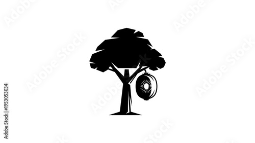 Silhouette tree with rope swing on white background