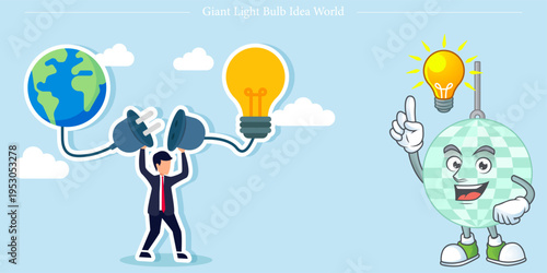 Giant Light Bulb Idea World Flat Vector Creative Thinking Global Innovation Illustration