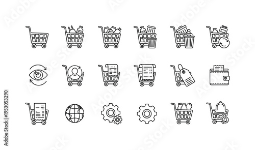 Empty grocery wagon, grocery wagon filled with items, grocery wagon with trash bin, grocery wagon with refresh circle, grocery