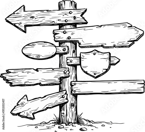 Rustic wooden signpost with multiple directional arrows and shield