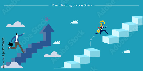Man Climbing Success Stairs Flat Vector Career Ambition Goal Attainment Illustration