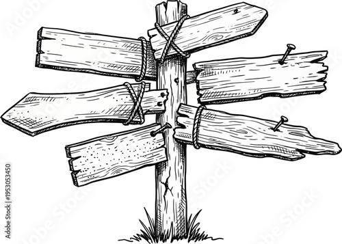 Rustic wooden signpost with multiple blank boards