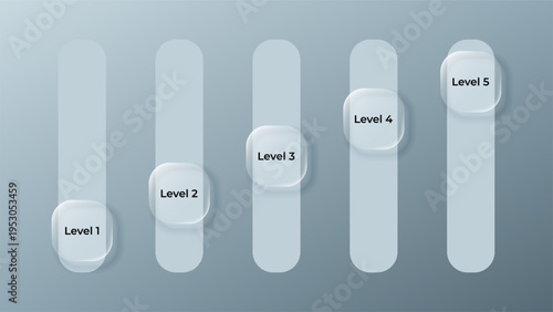 Infographic template with liquid glass morphism effect. Five vertical steps with frosted glass buttons and labels. Creative UI design element for progress tracking or data visualization.