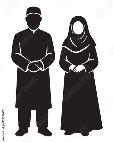 Black silhouette vector illustration of a Muslim couple, a man in traditional attire with a kufi cap and a woman in a hijab and abaya, standing respectfully on a white background