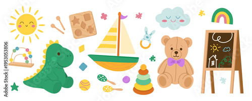 Nursery Toys Plush Dinosaur Teddy Bear Sailboat Stacking Rings Chalkboard Flat Illustration Colorful Kids Playroom Preschool Elements Vector
