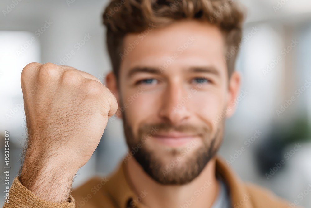 Fototapeta premium A blurry close-up of a confident young man with a beard raising his fist in victory, smiling with self-assurance and determination, showing great positivity and success.