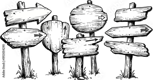 Wooden directional signs with arrows pointing in various directions on transparent background