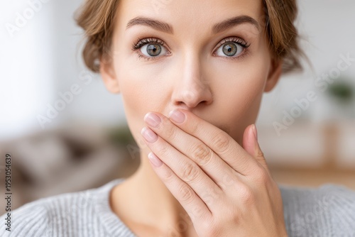 Close-up of a shocked young woman covering her mouth with her hand, eyes wide open, concept of surprise, disbelief, concern, and hiding a secret or keeping silent.