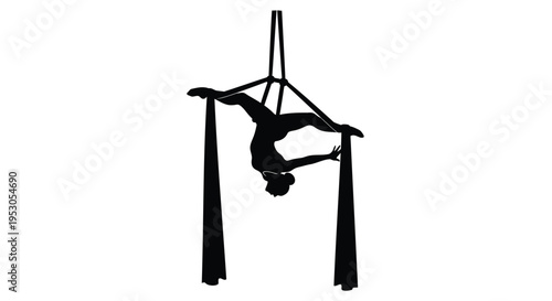 Vector silhouette of a woman performing aerial yoga