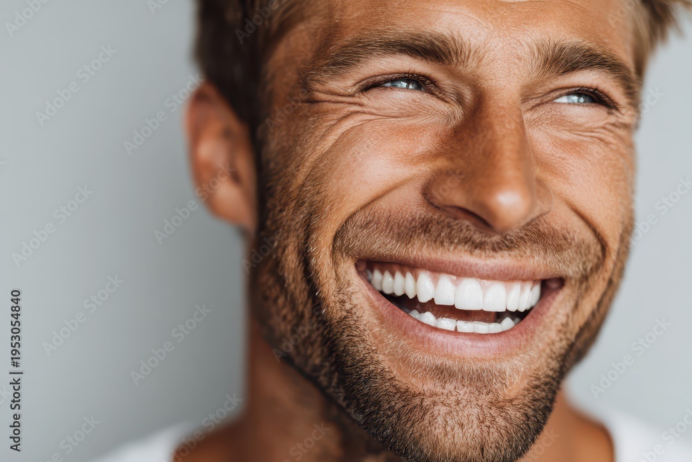 Fototapeta premium A close-up portrait of a handsome man with a warm smile, showcasing healthy teeth and a cheerful, positive expression against a simple background.