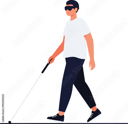 Blind man walking with a white cane isolated on white background