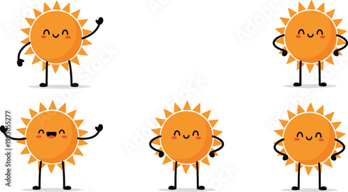 Collection of cute sun character mascots with different poses and emotions