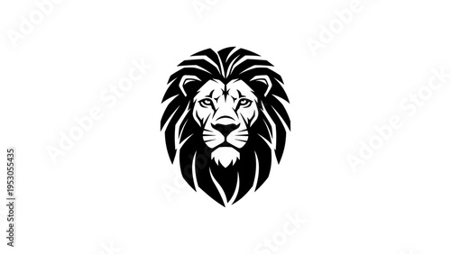 Majestic lion head silhouette art with bold black mane on white background