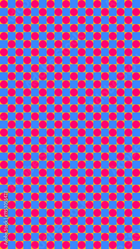 Vibrant Geometric Pattern with Pink Circles and Blue Squares