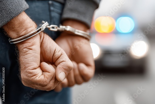 Close-up on hands cuffed with police car lights blurred in background. Concept of arrest, crime, and law enforcement, justice, and being apprehended by the police.