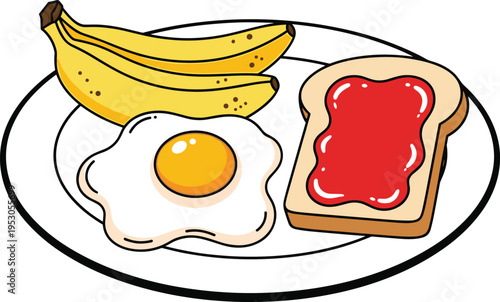 Healthy breakfast plate with fried egg bananas and toast with jam